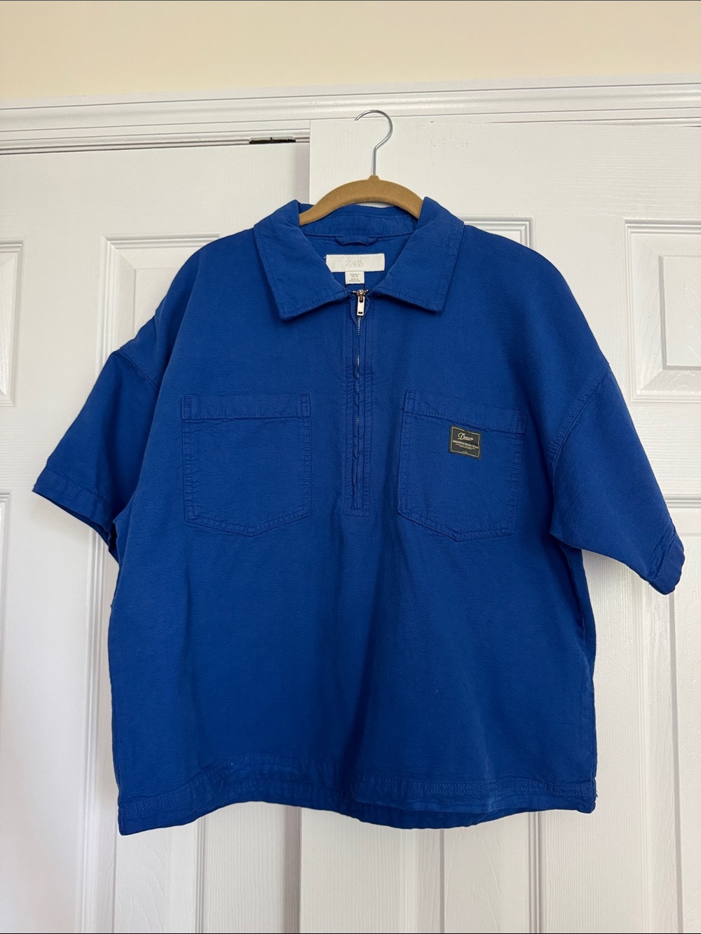 Zara Men's Blue Short-Sleeve Half Zip Polo Shirt - Size S